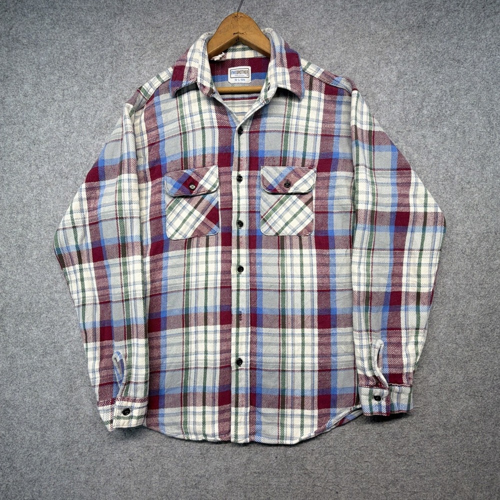 Vintage Five Brother Flannel Shirt Cotton Plaid Size Large Tall Made In USA